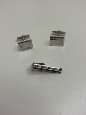 Vintage Silver Tone Cufflink & Tie Clip Set Geometric Beaded Formal Men’s Set